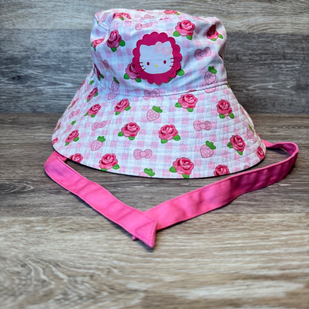 Hello Kitty Pink Gingham Bucket Hat Roses Strawberry‎ Bows Removable Ties